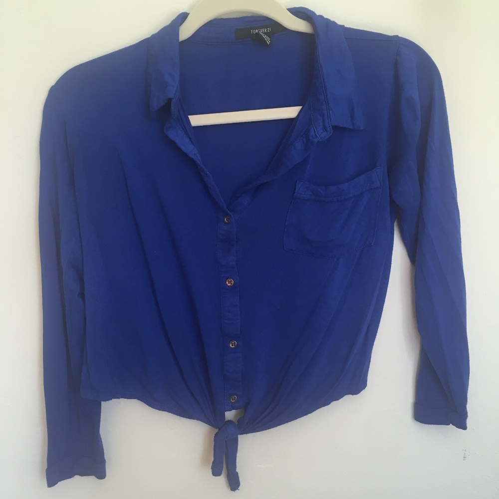 Dark blue button tie front crop top long sleeve